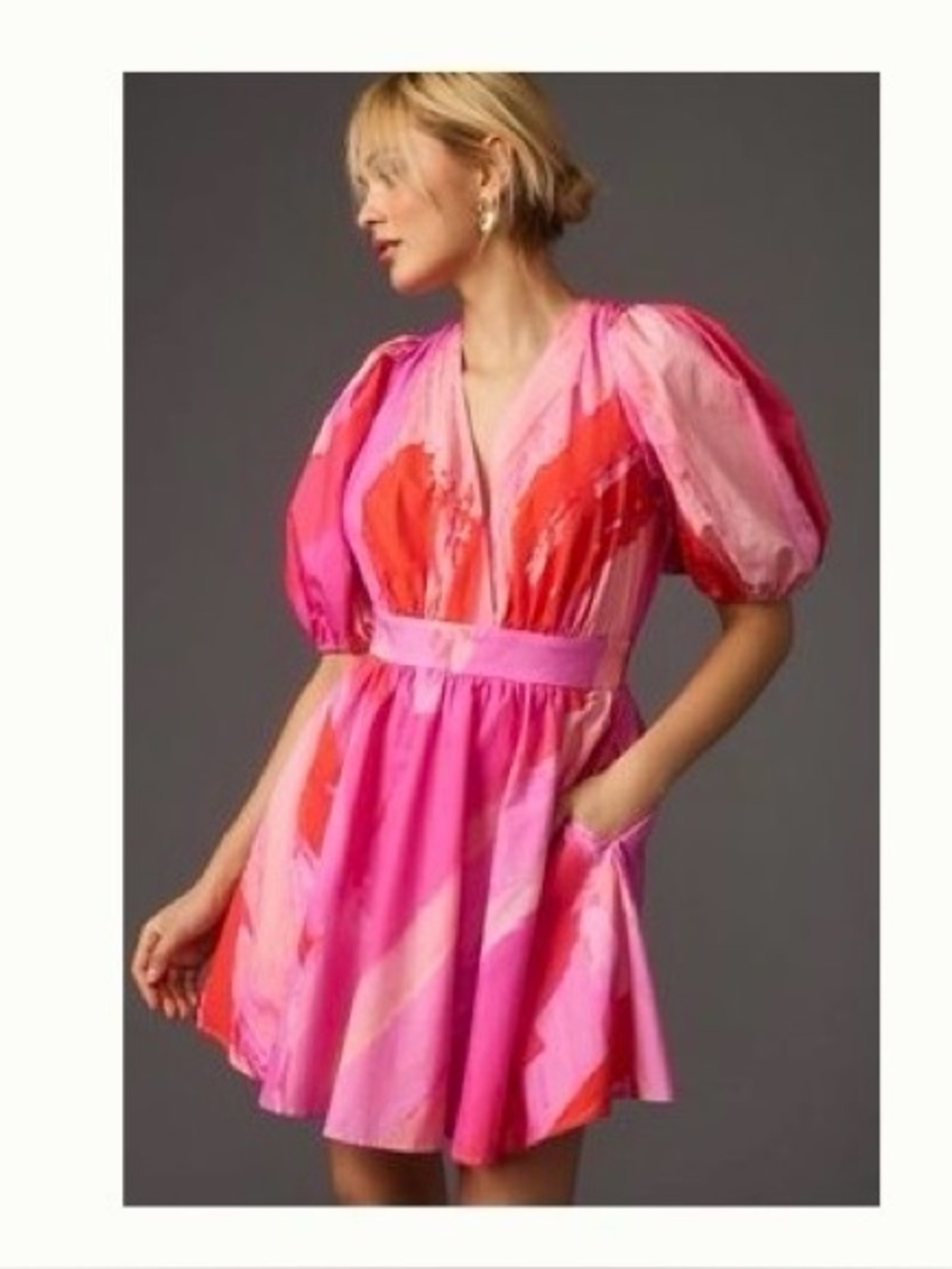 Hutch Pink & Red V-Neck Puff Sleeve Mini Dress